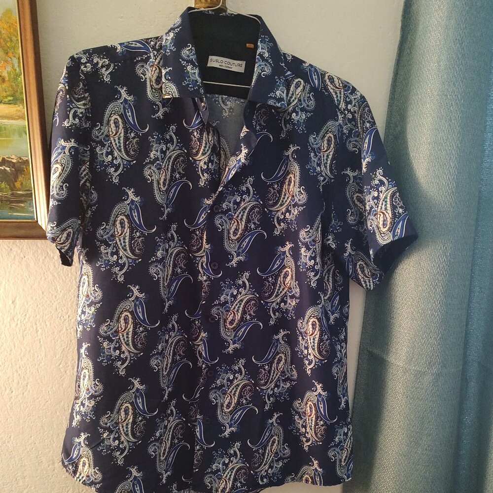 Suslo couture men's paisley shirt in blue.